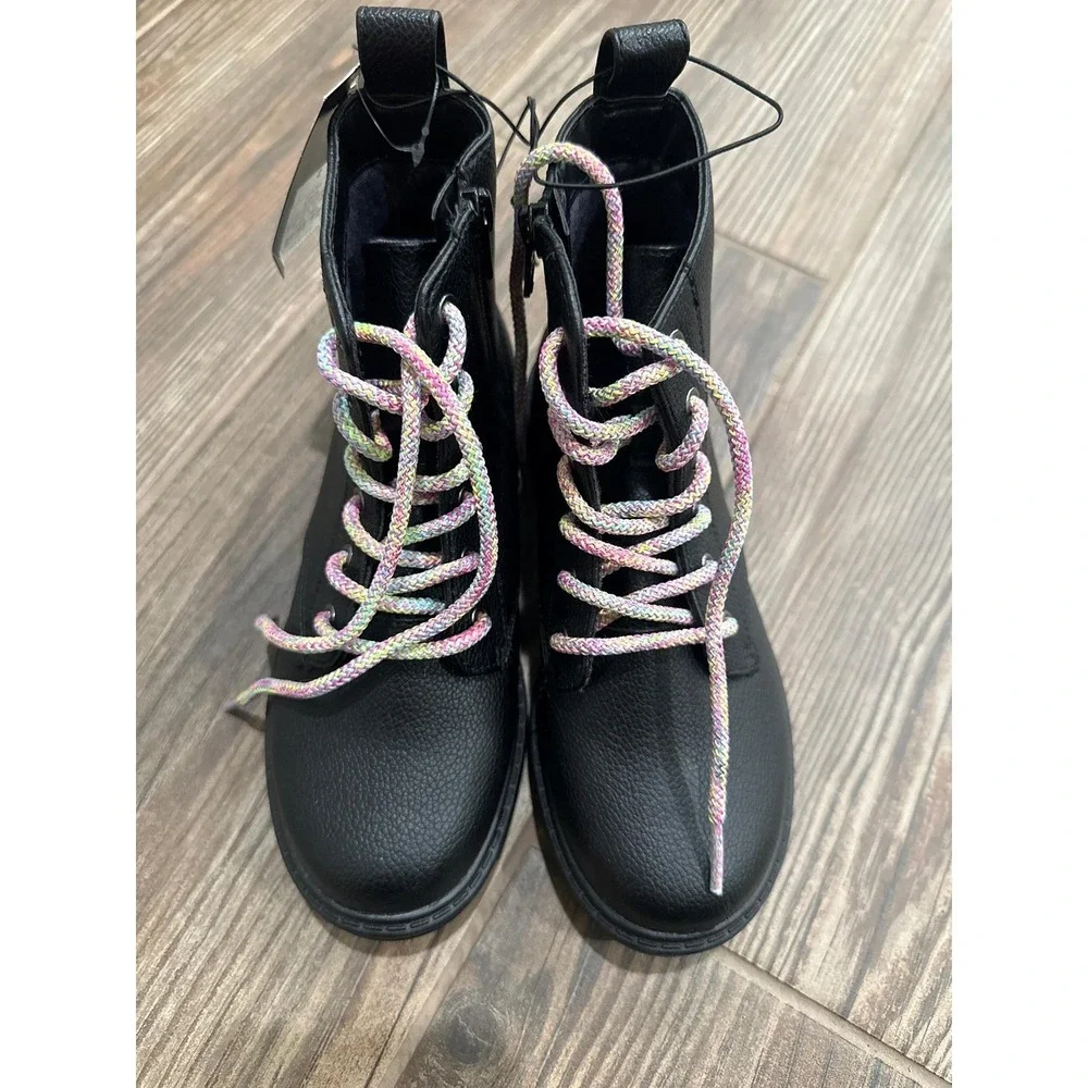 Art Class Combat Boots Kids Size 2 Black Rainbow Laces‎ Side Zip NWT